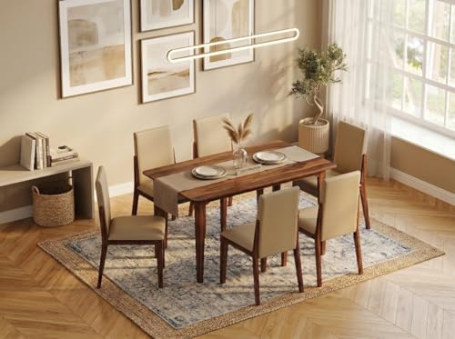 Image of DecorNation Italiana Solid Wood Dining Room Set for Home, Living Room- Dining Table with Cushioned Chairs (Walnut, 6 Seater)
