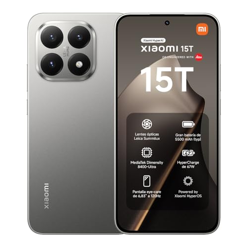 XIAOMI 15T - Smartphone de 12+256GB, Lente óptica Leica Summilux, MediaTek Dimensity 8400-Ultra, Pantalla Eye Care de 6,83' 120 Hz, HyperCharge de 67W, Cargador no Incluido, Gris (Versión ES)