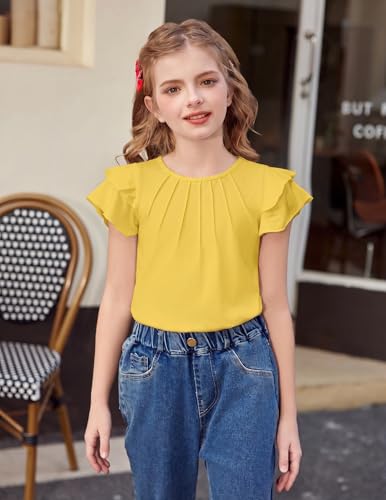 Image of Arshiner Girls T Shirts Ruffle Short Sleeve Summer Pleated Crewneck Casual Tops Tees Blouses