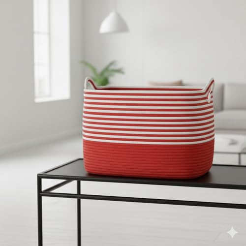 Image of Large Storage Basket, Woven Blanket Basket, Toy Basket with Handle, Laundry Hamper for Living Room, Nursery, Bedroom- 20x15x12 (LXWXH) (red mix)