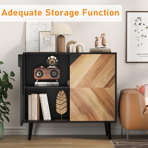 Garvee Modern Storage Free Standing Accent Cabinet, Buffet Cabinet with Doors, Wood Finish Sideboard Buffet with Storage for Dining Room, Entryway, Black+Walnut Grain, 31.5 Inch