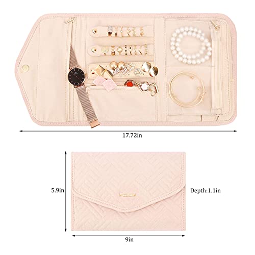Rownyeon Travel Jewelry Organizer Jewelry Roll Travel Jewelry Case Foldable Jewelry Storage Bag For Journey, Rings, Necklaces, Earrings, Bracelets, Pink #TOP2