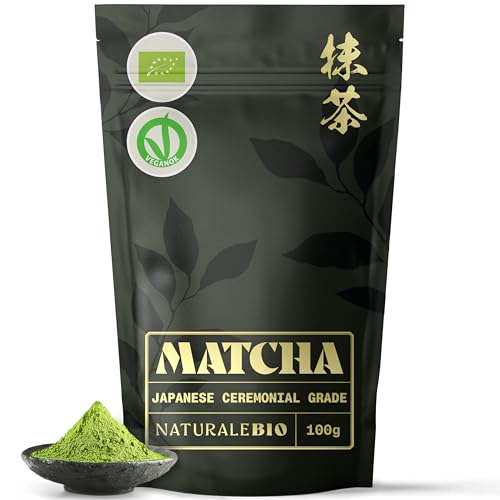 NaturaleBio Organic Ceremonial Grade Matcha Powder, 100g. From Uji, Kyoto for Traditional Japanese Tea Ceremony. Green Tea Free of Added Sugars and Preservatives