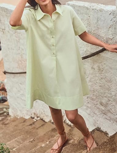 Image of Dsewpaur Short Sleeve Swing Tunic Mini Dress for Women Button Up Shirt Blouse Short Dress Summer Casual Flowy A Line Dress