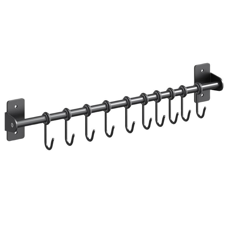 Koimiao Kitchen Utensil Holder Hanger 40cm, Aluminium Rack with 10 Hooks, Wall Mounted Rail for Hanging Pots, Pans & Utensils, Space-Saving Organiser for Bathroom Towel Storage(Black)