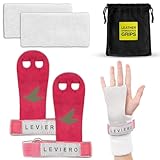 LEVIERO Palmies Gymnastics Grips, Grips for Gymnastics, Multipurpose Soft Leather Grips with Adjustable Finger Holes, Weightlifting, Kettlebell, Cross Training Workouts for All Ages - (Pink, Large)