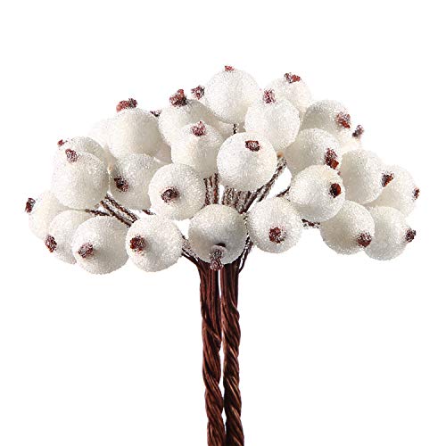 BBTO 200 Artificial Holly Berries Faux Flower Decoration 100 Packs 12mm Mini Christmas Frosted Berries(White)