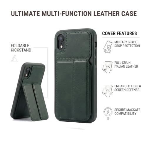 Image of amazon basics Luxury Vegan Leather Back Cover for iPhone XR | Built-in Card Holder Slot | Integrated Mobile Stand | Slim Shockproof Protective Case with Stitched Finish - Green