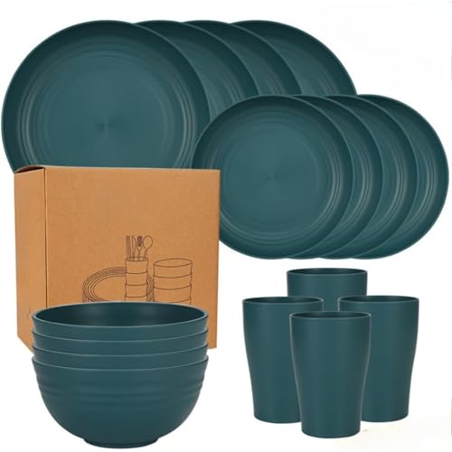 割れない ZAZY ディナープレート 16 枚 ストロー食器セット 8 人暮らし ブラック 電子レンジ対応 食洗機対応 再利用可能カトラリー (L)