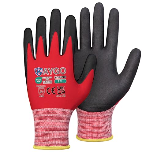 KAYGO Safety Work Gloves MicroFoam Nitrile Coated 3 Pairs, KG18N, Seamless Knit Nylon Glove with Abrasion and Oil Resistant Grip, Ideal for General Purpose, Automotive, DIY (Large, Red)
