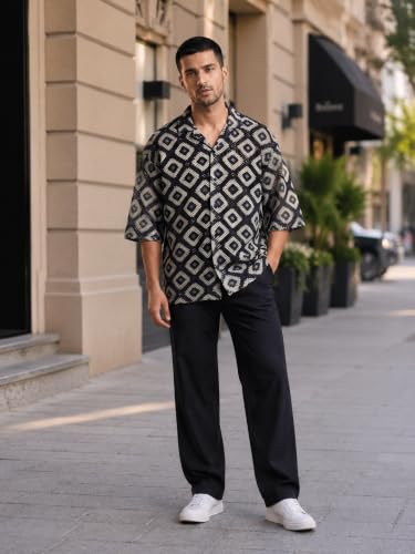 Image of GRECIILOOKS Men`s Shirt | Mens Casual Crochet Knitted | Half Sleeve Printed Crochet with Cuban Collar Shirt`s | Relaxed fit Down Shoulder Textured & Stylish Premium Mens Shirt