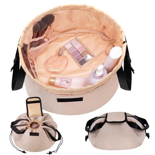 Barrel Drawstring Makeup Bag Large Travel Makeup Bag,Portable Large Capacity Cosmetic Bag Toiletry Organizer for Travel Accessories Make Up Essentials and Hair Product,Gifts (Khaki)