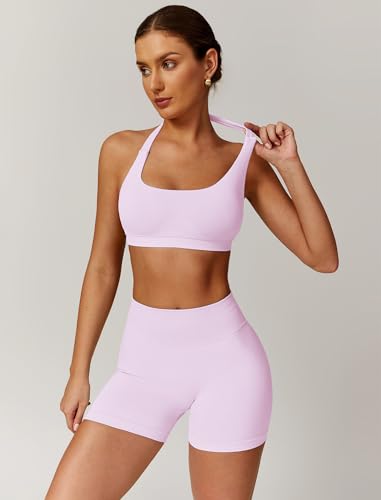 ABOCIW Workout Sets for Women 2 Piece seamless Halter Sports Bra Scrunch Butt Impact Shorts Gym Yoga Outfits3