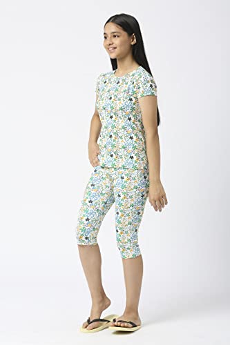 Image of SINI MINI Round Neck with Half Sleeve Top & Capri Beige Girls Casual Pack of 1 Night Suit Set
