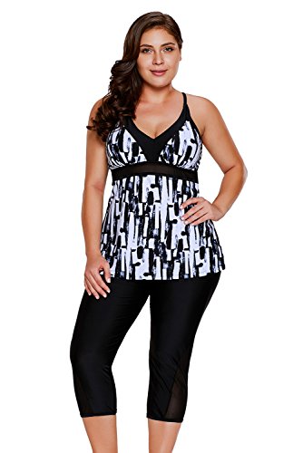 Gloria&Sarah Women's Retro Abstract Print Two Piece Plus Size Tankini Capris Short Swimsuit,Black,XX-Large