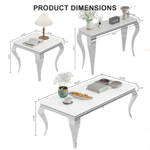 Image of Luxury Coffee Table Set of 4, Coffee Table with 2 End Tables, 1 Sofa Console Table, Modern 4 Piece Living Room Table Set with Faux Marble Top & Silver Stainless Steel S Legs for Apartment Home Office