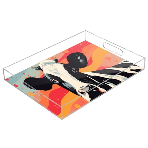 IOACIY Clear Serving Tray 12x16 Inches Acrylic Decorative Tray Organiser for Ottoman Coffee Table Countertop with Handles, Cow (19)