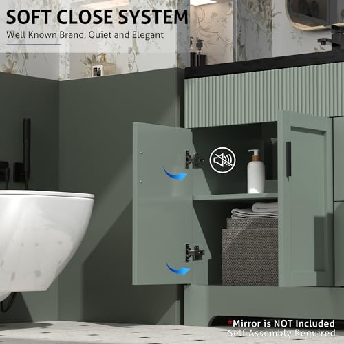 Image of eclife 60 inch Bathroom Vanities Sink Combo with Painted Surface, Modern Drawered Cabinet W /Decorative Wave Lines, Undermount Double Black Sink, Matte Black Faucet Drain, Gray Green