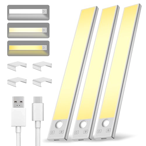 Under Cabinet Lighting 8 inch Rechargeable Battery Operated Motion Sensor Light Wireless Under Counter Lights for Kitchen, Stairs,Hallway (3 Pack)