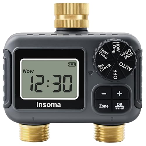 Insoma 2-Zone Water Timer Brass Inlet/Outlet, Programmable Outdoor Hose Faucet Timers with...