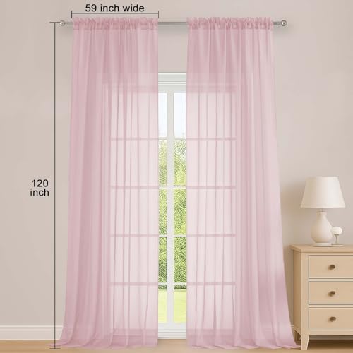 Image of OWENIE Blush Sheer Curtains 120 Inches Long 2 Panels Set, Airy Lightweight Sheer Blush Curtains for Living Room Bedroom, Farmhouse Voile Filmy Rod Pocket Curtains Drapes, 2 Pcs, Each 59 inch Wx120 L Inch