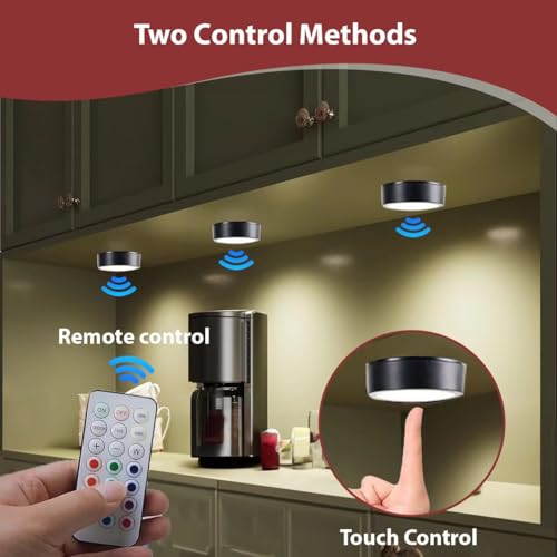 Image of Push Lights with Remote Puck Lighting Battery Operated Tap Lights Button Stick On Color Changing Led Lights 6 Pack (Black 6P)