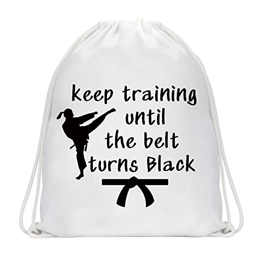MBMSO Karate Drawstring Backpack Keep Training Until the Belt Turns Black Taekwondo String Bag Martial Arts Lovers Gym Sack Bag (Keep Training Backpack)