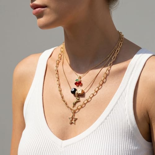 Image of SANNIDHI 3 Piece Y2K Layered Necklace Set for Women, Gold Tone Alloy Multi Layer Stacked Necklace with Cherry Pendant, Trendy Retro Aesthetic Jewelry