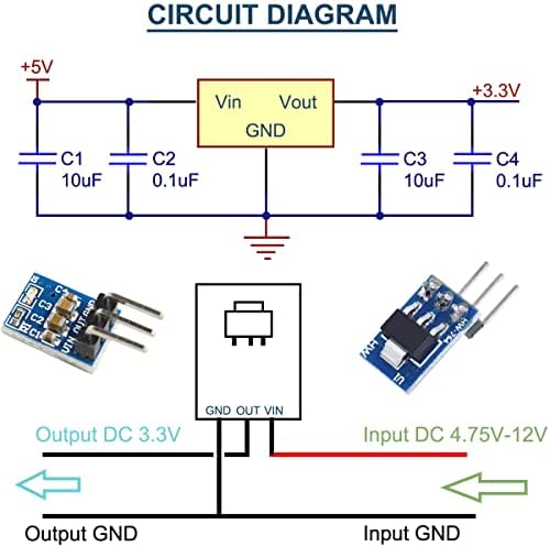 DAOKAI 10PCS AMS1117-3.3 Step Down Power Voltage Regulator Module DC 4.75V-12V to 3.3V Power Board LDO 800mA 3Pin with Dupont Cable