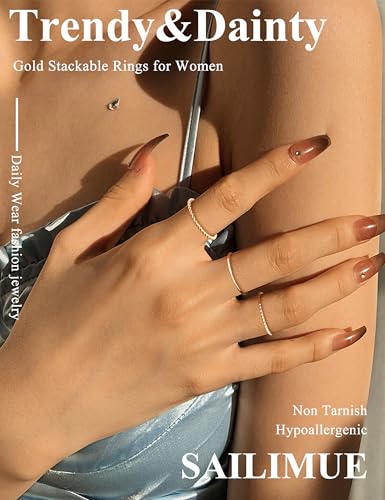 sailimue Gold Stackable Rings for Women Non Tarnish - 14K Gold Plated Waterproof Thin Band Ring Set - 1mm Minimalist Stainless Steel Silver Stacking Dainty Trendy Statement Thumb Rings Size 5-114