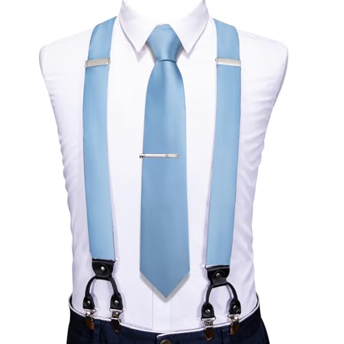 Image of Barry.Wang Unisex Adjustable Sky Blue Suspenders Tie Clip Set with Elastic Straps Y,Halloween Cosplay Christmas Dress Suspender