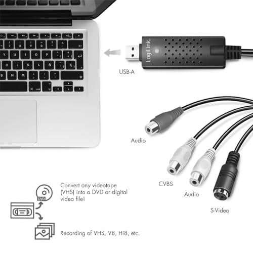 LogiLink VG0030A - USB 2.0-Audio/Video-Grabber, 3xCinch + miniDIN5 (S-Video) für Windows 7/8/10/11, Mac OS 10.7 oder höher, Android 5.0 oder höher