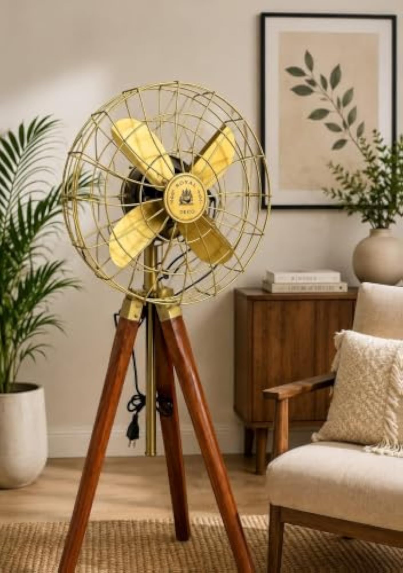 Vintage Tripod Fan Stand with Brass Finish