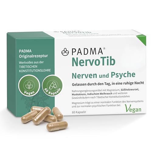 PADMA NervoTib 60 Kapseln - Mit Magnesium für Nerven & Psyche - Unterstützt Energiestoffwechsel & verringert Müdigkeit - Tibetische Kräuterrezeptur Dzati-10 - Vegan hergestellt in der Schweiz