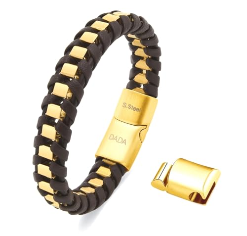 Dada Gioielli - Pulsera de Oro Satinado para Hombre también Disponible en Plata o Negro - Cuero Auténtico Marrón o Negra - Cadena trenzada Acero Inoxidable Hipoalergénico Ajustable 20-21cm, Oro