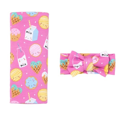 Image of Little Sleepies Swaddle & Headband Bow Set, Viscose from Bamboo Baby Swaddles, Newborn Baby Girl Clothes (Luxe Pink Cookies & Milk)