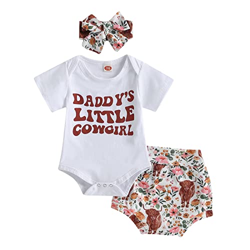 Image of Western Baby Girl Clothes Mama's/Daddy's Little Cowgirl Romper Cow Print Shorts Headband Set Infant Western Outfit (Daddy's Little Cowgirl, 6-12 Months)