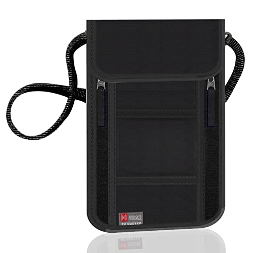 Zelbuck Portadocumentos de Viaje con Bloqueo RFID Portadocumentos de Cuello con Múltiples Bolsillos Impermeable Cartera Viaje de Cuello para Efectivo, Tarjetas, Llaves y Pasaporte (Negro)