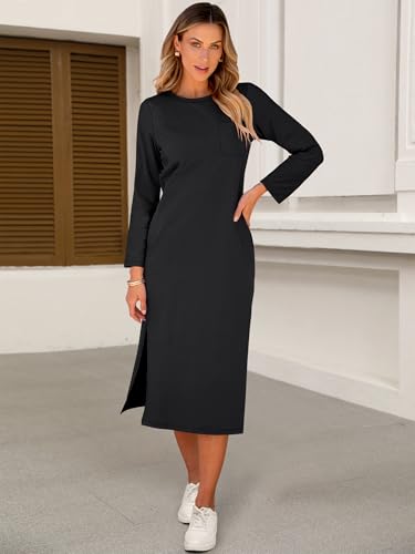 Anrabess Women 3/4 Long Sleeve Crewneck Striped Casual Slit T Shirt Midi Dresses With Pockets 2024 Fall Fashion Black M thumb #2