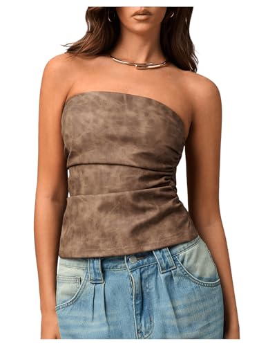MakeMeChic Women's PU Leather Top Strapless Ruched Bandeau Sleeveless Party Tube Tops