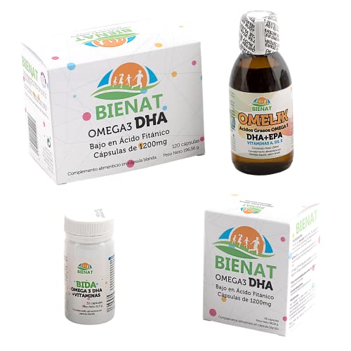 PACK Bienat Familia - Omega 3 DHA y EPA junto con Complejos Vitamínicos - Omelik + Bida + 180 Cápsulas Bienat Omega 3 (Pack Familia)