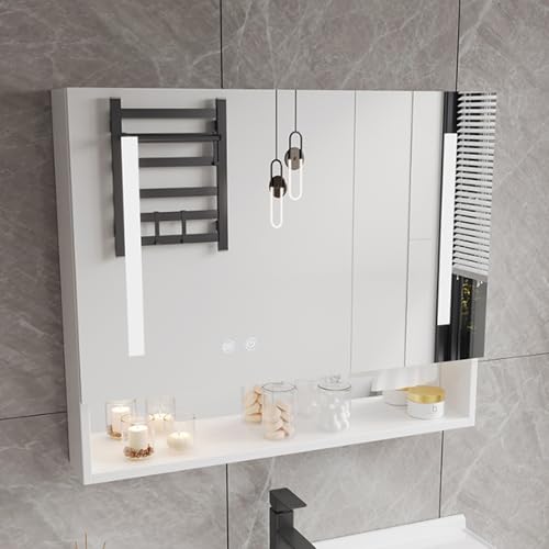 Moderno armario de baño LED con espejo antivaho, estante de almacenamiento blanco, soporte de papel, 80 x 13 x 70 cm, elegante y funcional para espacios organizados