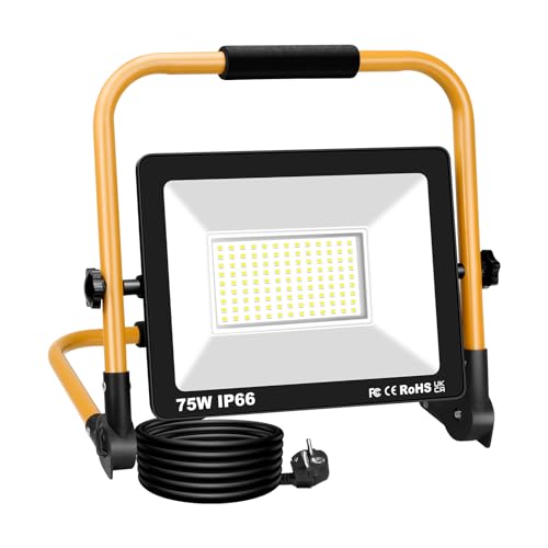 AUXTINGS 75 W projector, bouwplaats, led, lamp, 7500 lm, bouwplaats, 6000 K, koudwit, verlichting voor bouwplaats, IP66, waterdicht, draagbare led-handschoen, met kabel van 3 m, voor werkplaatsen,