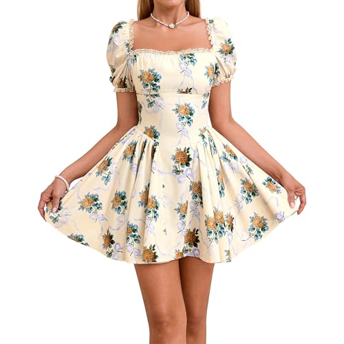 Image of Parthea Women's Floral Square Neck Mini Dress Lace Puff Sleeve Off Shoulder Smocked Flowy A Line Summer Dresses for 2026