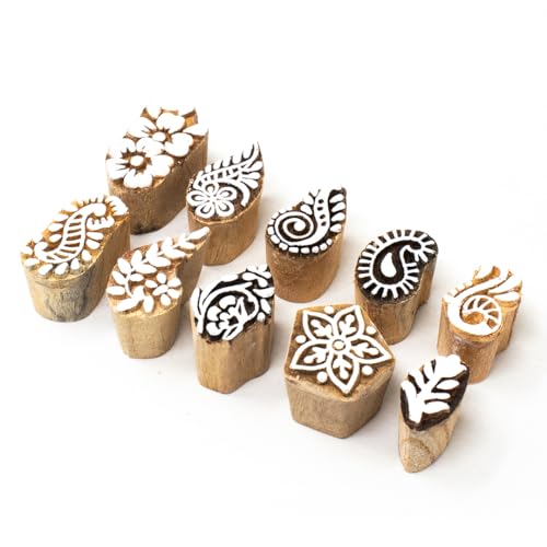 Image of Wooden Indian Traditional Design Printing Stamps /Blocks for Printing Saree Border /Dresses /Craft Card Making /Scrapbook /Clay Pottery (Set of 10)