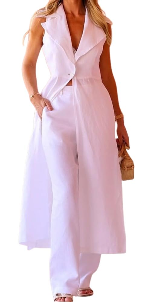 Womens 2 Piece Solid Color Linen Outfits Sleeveless Suit Vest and Wide Leg Pants Business Casual Blazer Sets