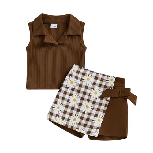 Image of MAINESAKA Toddler Baby Girl Summer Clothes Sleeveless Ribbed Knit Vest Tops + Floral Shorts Skirt Set Kids 2Pcs Outfits