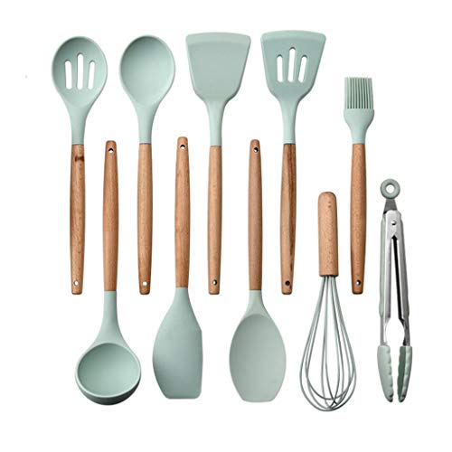 Silicone Wooden Cooking & Serving Utensil Set - 1 Piece | Spoon & Spatula | Utensil Baking Tools Set | Premium Heat Resistant Kitchen Gadgets | Great Gift For Chefs & Foodies (10PCS Set)