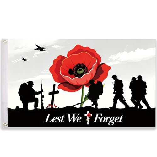 Solihigh Lest We Forget Flag Premium Remembrance Day Poppy Flag 5ft x 3ft with 2 Eyelets for War Heroes Soldiers Armed Forces Remembrance Day Decorations