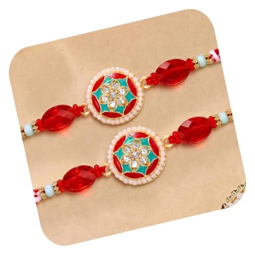 Image of Peora Rakhshabandhan Thread Rakhi for Brother Bhaiya | Kundan Beads & Crystal Studded | Combo Set of 2 | Rakhi Hamper Roli Chawal & Greeting Card